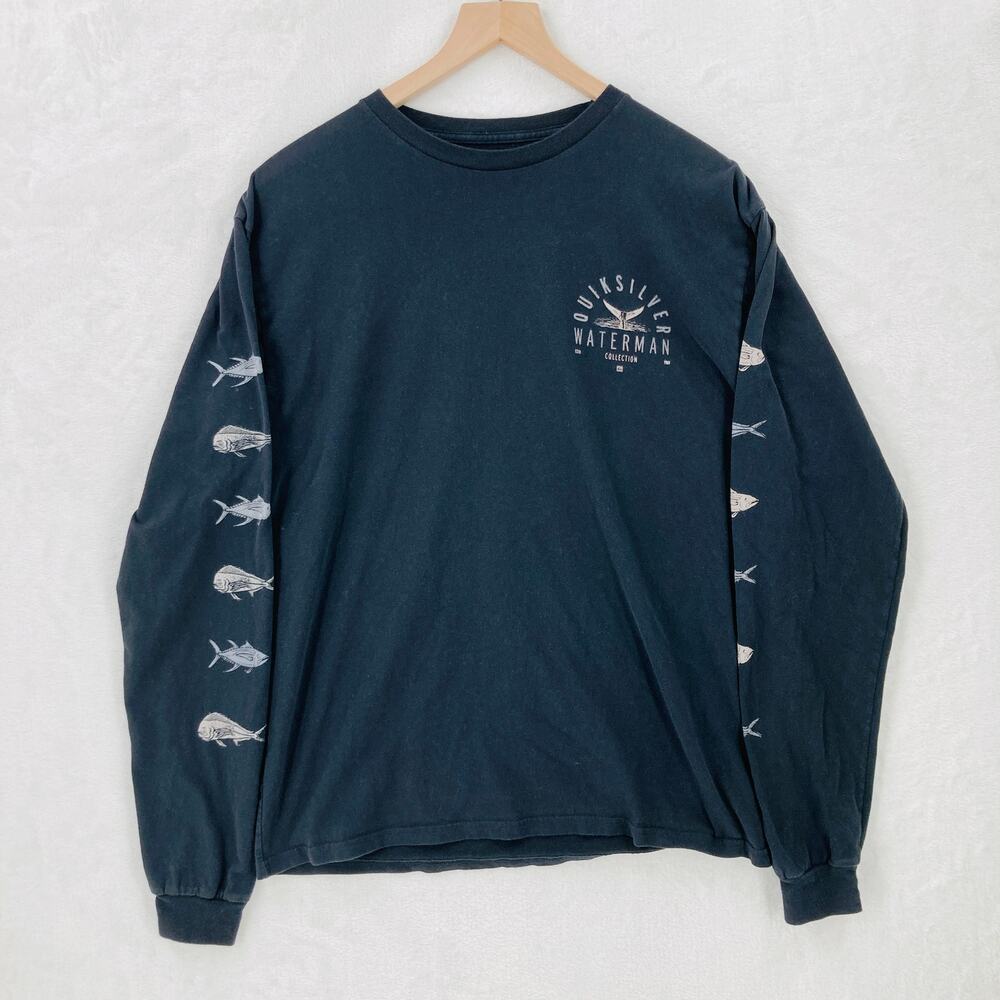 Quiksilver Waterman Shirt Mens Medium Black Long Sleeve Fish Sleeve Graphic